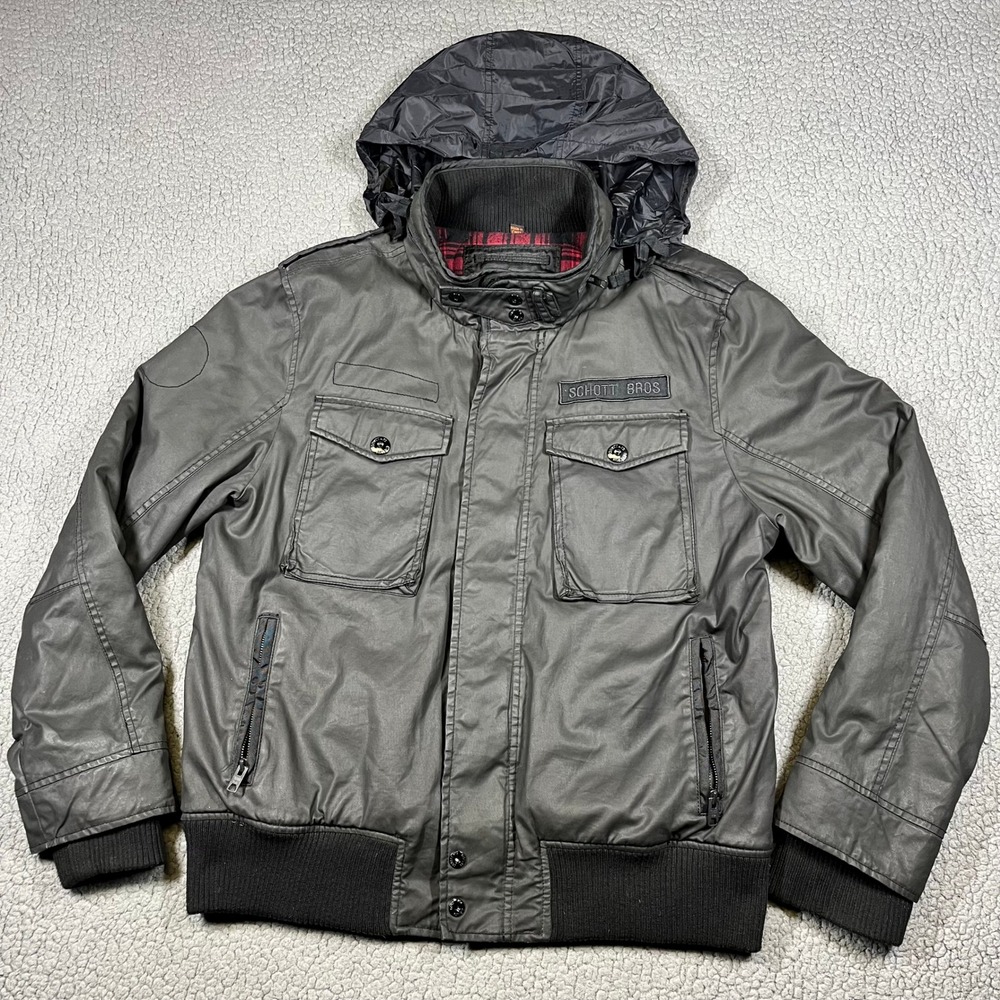 Schott NYC Army Type Bomber Jacket Grey Coated Cotton Plaid Lined M85-237-04 L